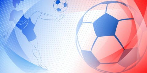 Soccer background with a football player kicking the ball and other sport symbols in national colors of France