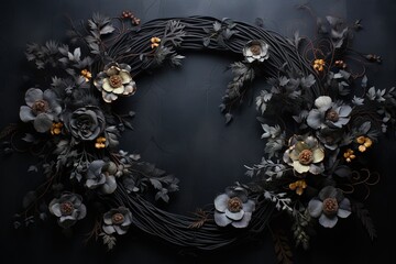 Obraz premium Generative AI, Close up wreath, blooming flowerbeds of amazing black flowers on dark moody floral textured background.