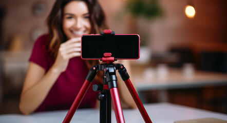Woman making a video for her blog on cosmetics using a phone with tripod. smartphone standing on table on tripod stabilizer, recording female blogger. digital ai - obrazy, fototapety, plakaty