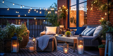 Fototapeta View over cozy outdoor terrace with outdoor string lights. Autumn evening on the roof terrace of a beautiful house with lanterns, digital ai art	 obraz