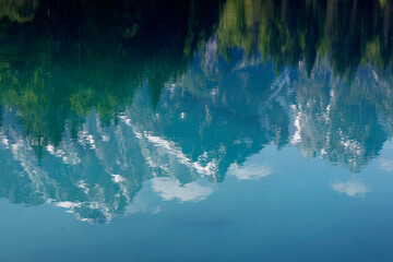 Mountain Range and the peak of the Mount Mangart (2677 m) seen from Fusine Lake, Julian Alps, Tarvisio, Udine, Friuli Venezia Giulia, Italy Slovenia border, Europe