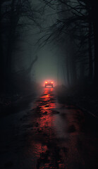 car with brake lights on at the end of a dark road