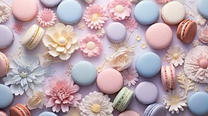  macaroons, macaroons, and flowers on a purple background.  generative ai