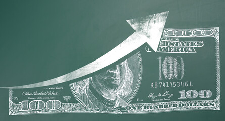 Print of a one hundred-dollar American bill on a green chalkboard and an upward arrow. Concept of inflation increase, currency exchange rate growth © nndanko
