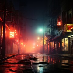 Night street with neon lights. Generative AI