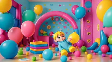 happy birthday party balloons playroom AI generated
