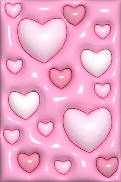 Abstract pink background with red hearts, wallpaper for mobile devices, 3D illustration