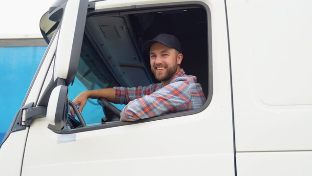 Trucker Preparing For Trip. Caucasian Men Talking on CB Radio. Truck Driver Job