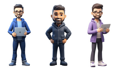 set of funny cartoon hipster software engineer 3d avatar character - obrazy, fototapety, plakaty