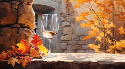  a glass of wine sitting on a table with autumn leaves.  generative ai