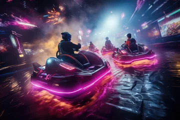 Papier Peint photo Parc dattractions Neon-Lit Futuristic Bumper Cars: The Sleek and Electric Thrills of Tomorrow's Entertainment, Setting the Stage for Unforgettable Funfair Adventures.  