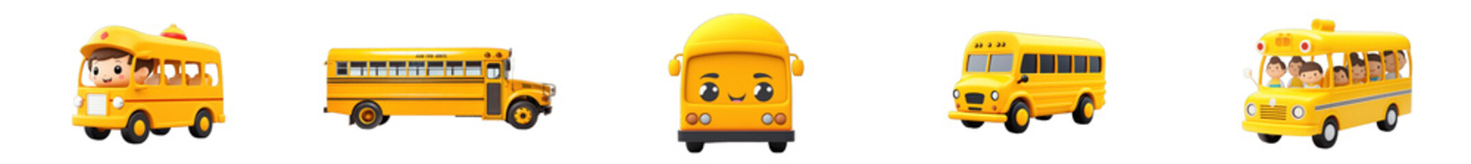 set of funny cartoon yellow school bus 3d character