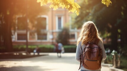 Back of student girl carry school bag while walking in school campus background. Copy space for banner, education, back to school concept.