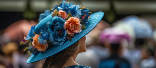young woman in a beautiful elegant blue hat with flowers on the hippodrome before the races. hat parade at the races. 