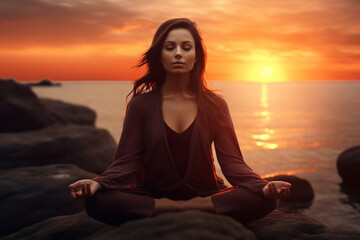 Young female sitting on rock in Lotus pose and meditating in the early morning at sunrise during yoga lesson near sea. generative ai