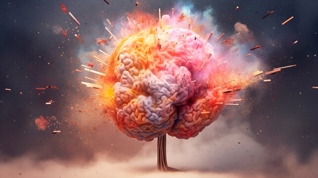 Concept art of a human brain exploding with knowledge and creativity. Generative AI