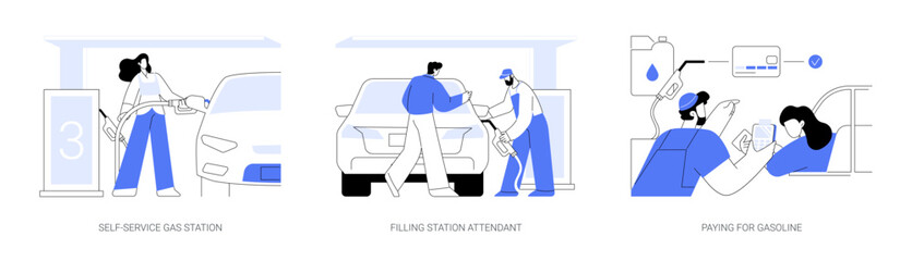 Gasoline station abstract concept vector illustrations.