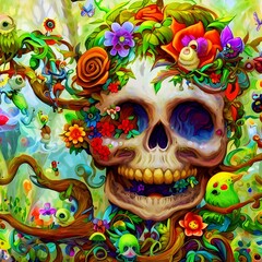 A playful and whimsical portrayal of a skull adorned with colorful flowers and vines, psychedelic, Arts and Crafts Movement Generative AI