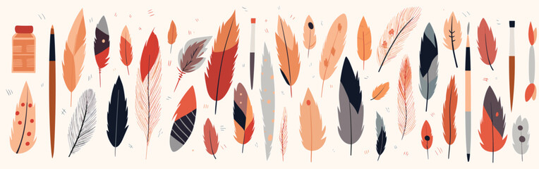 Autumn-Inspired Feather and Ink Illustration: Flat Vector Banner with Earth Tones