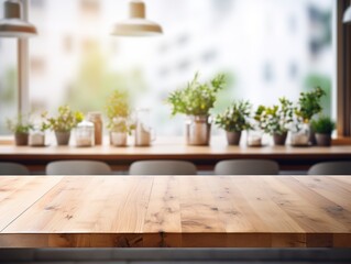 Empty wooden tabletop, bokeh view of modern kitchen interior. Product and food display Generative ai