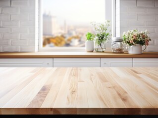 Empty wooden tabletop, bokeh view of modern kitchen interior. Product and food display Generative ai