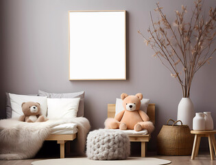 Nursery blank canvas mockup room with teddy bears.  Mock up with nursery chair and bed with a large blank canvas.