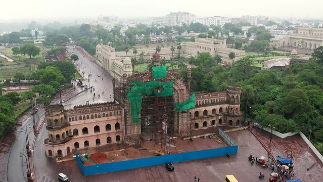 Husainabad Clock Tower and Bada Imambara India Architecture view from a drone