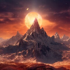 Fantasy mountain landscape with neon sunset. Generative AI