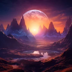 Foto op Plexiglas Fantasy mountain landscape with neon sunset. Generative AI © MiaStendal