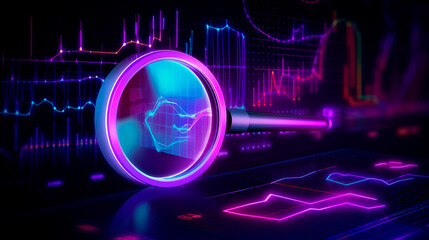 Data analysis, search engine optimization or SEO. magnifier, charts, graphs. ultraviolet and neon screen. Generative AI
