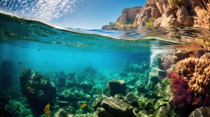  an underwater view of rocks and corals in the ocean.  generative ai