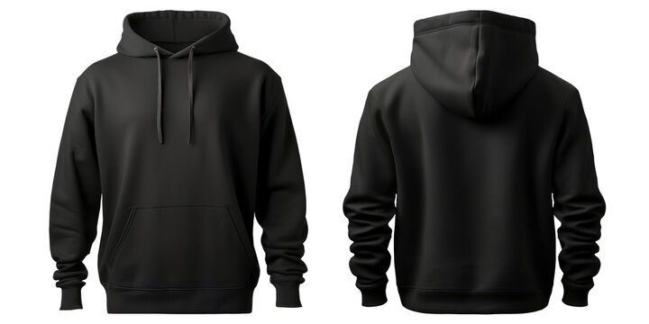 Blank black hoodie in front and back view, mockup, white background, generative ai