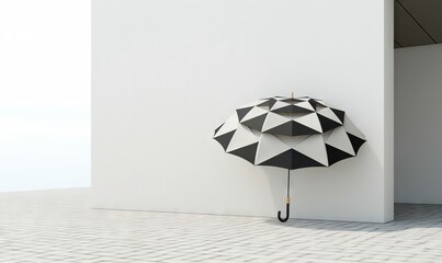  a black and white umbrella hanging on a wall next to a white wall.  generative ai