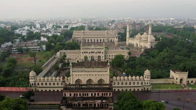 Husainabad Clock Tower and Bada Imambara India Architecture view from a drone