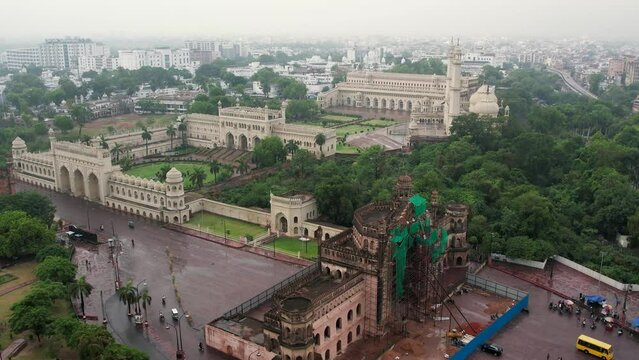 Husainabad Clock Tower and Bada Imambara India Architecture view from a drone