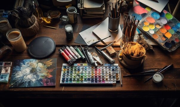  a wooden table topped with art supplies and a painting brush.  generative ai