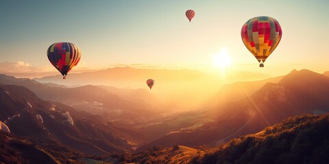 Four colorful hot air balloons floating over a mountainous landscape at sunrise with a small town in the distance - obrazy, fototapety, plakaty