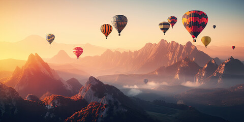 Colorful hot air balloons floating over snow-capped mountains during sunrise