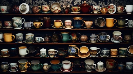  a shelf filled with lots of different kinds of coffee mugs.  generative ai