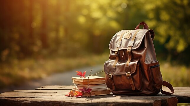Full school backpack on wooden and nature background. Back to school concept.