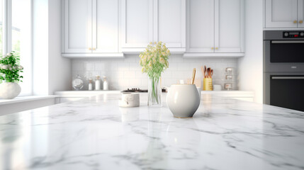 Empty white marble counter top table modern kitchen for display over bright luxury room background. Generative AI
