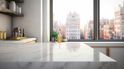 Empty white marble counter top table modern kitchen for display over bright luxury room background. Generative AI