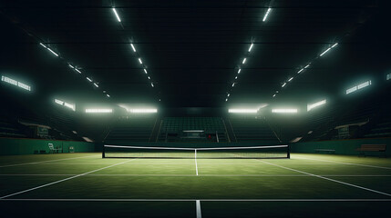 View of a tennis court with light from the spotlights over dark background - obrazy, fototapety, plakaty