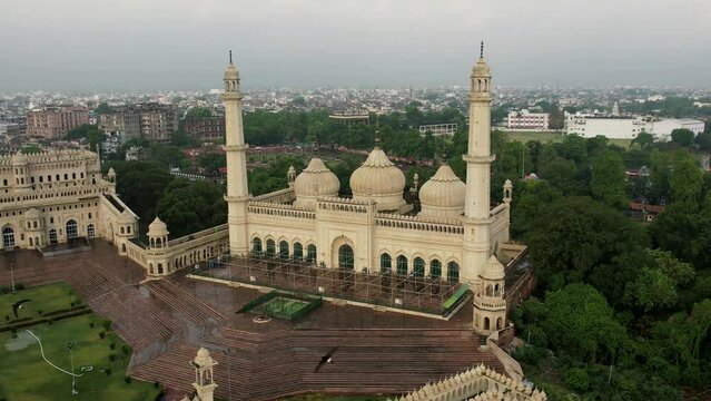 Husainabad Clock Tower and Bada Imambara India Architecture view from a drone