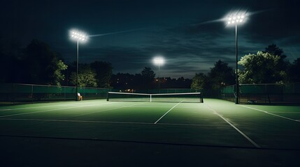 View of a tennis court with light from the spotlights over dark background