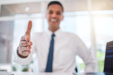 Closeup of a businessman stretching for shaking hands gesture for partnership, greeting or agreement. Success, welcome and zoom of professional male person with a handshake for welcome in the office.