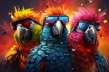 3 crazy funky fröhliche Papageien mit Sonnenbrillen und Konfetti in Partystimmung. Generative Ai