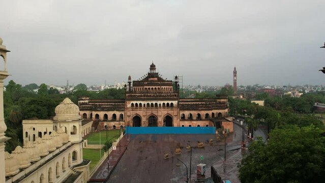 Husainabad Clock Tower and Bada Imambara India Architecture view from a drone