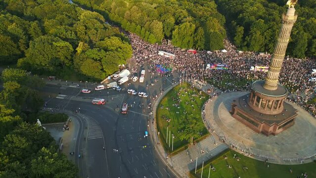 Spectacular aerial top view flight CSD Pride Parade 2023 Berlin Crowd Gay Party