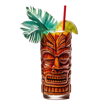 Fototapeta Tropical cocktail served in a tiki style glass and garnished with fruits.
